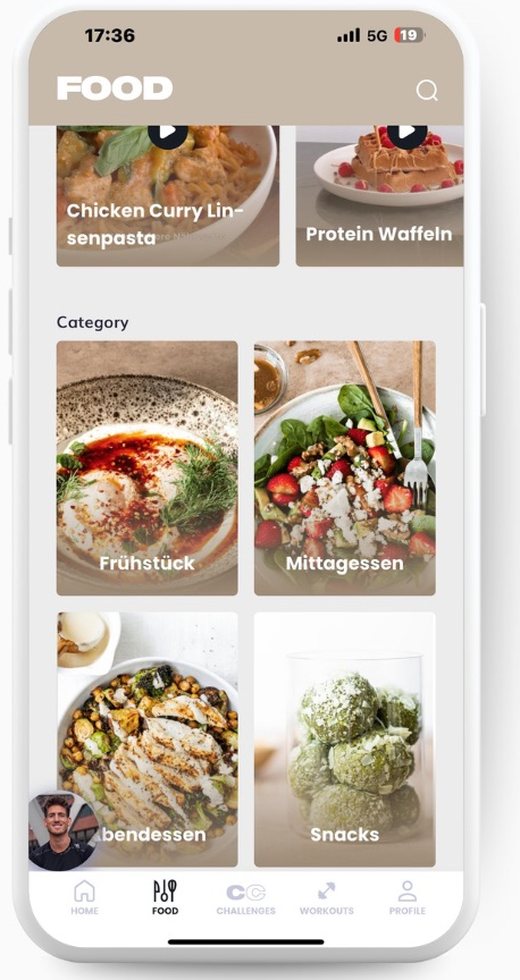 Rezepte und Ernährungsbereich in der Chris Curtis App
