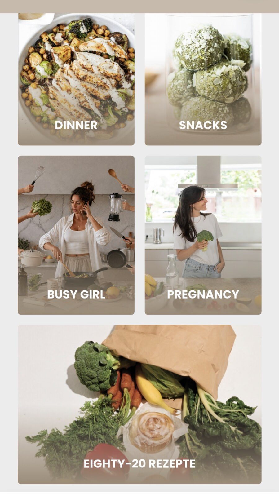 Rezeptbereich der App mit Kategorien für Dinner, Snacks und Busy Girl
