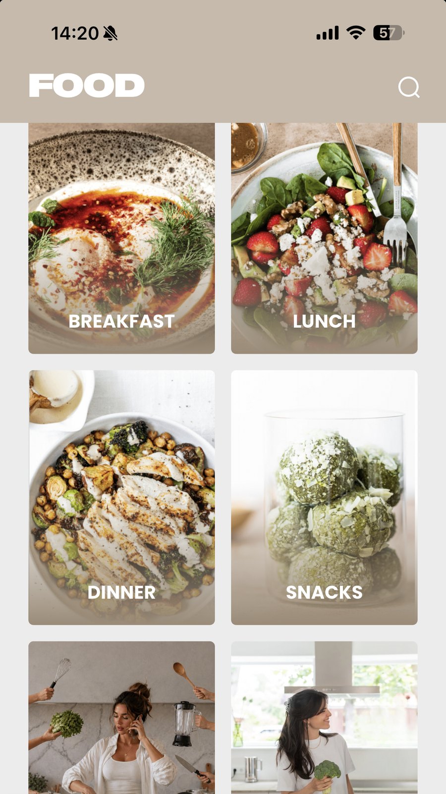 Rezeptbereich der App mit Kategorien für Frühstück, Mittag- und Abendessen