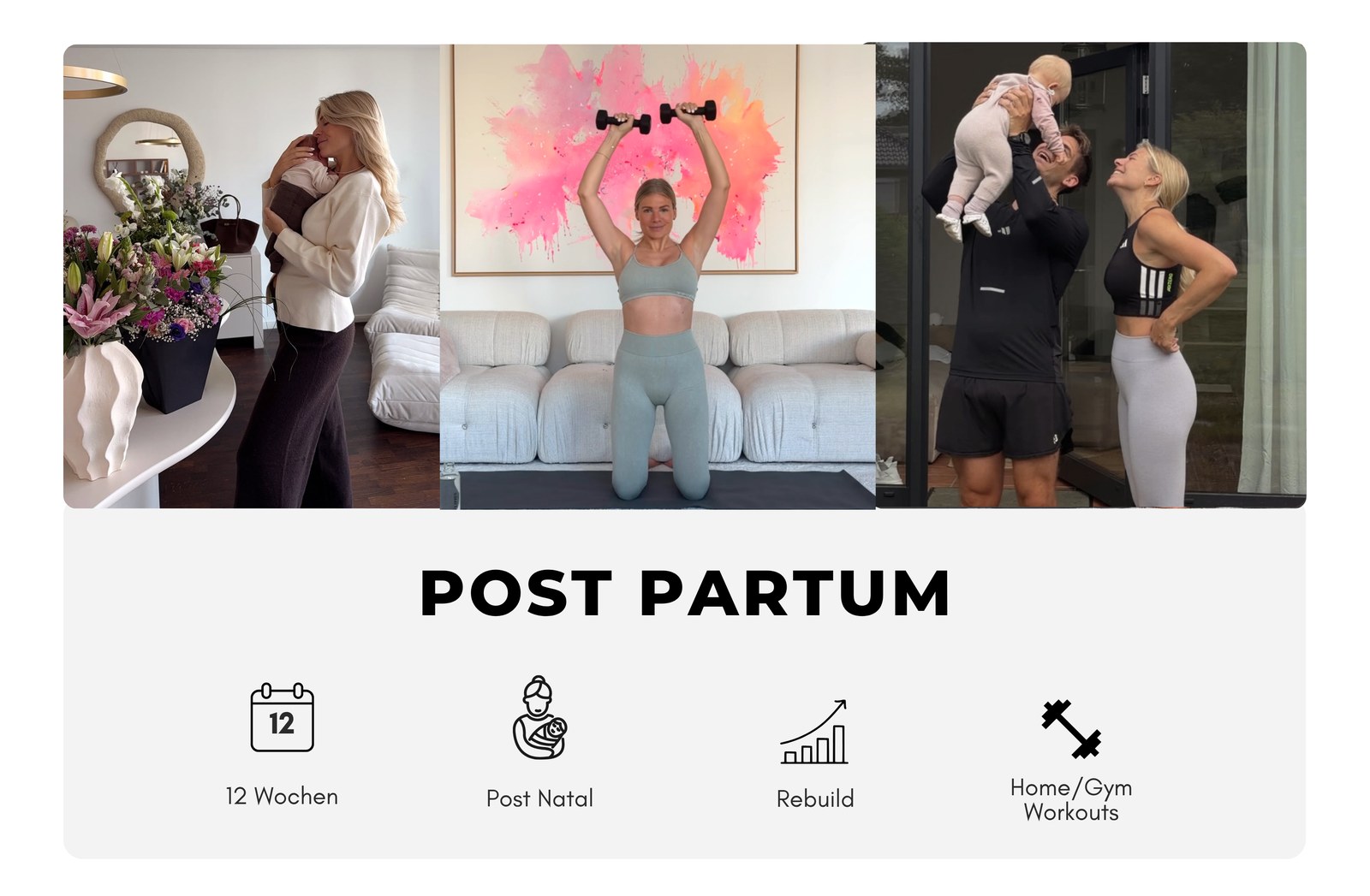 Postpartum Programm — 12 Wochen, postnatal, Wiederaufbau, Home- und Gym-Workouts